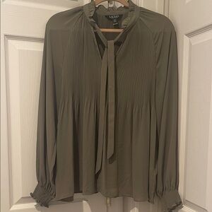 Lauren Black Label Ralph Lauren Long Sleeve Tie Neck Olive Green Blouse Size L